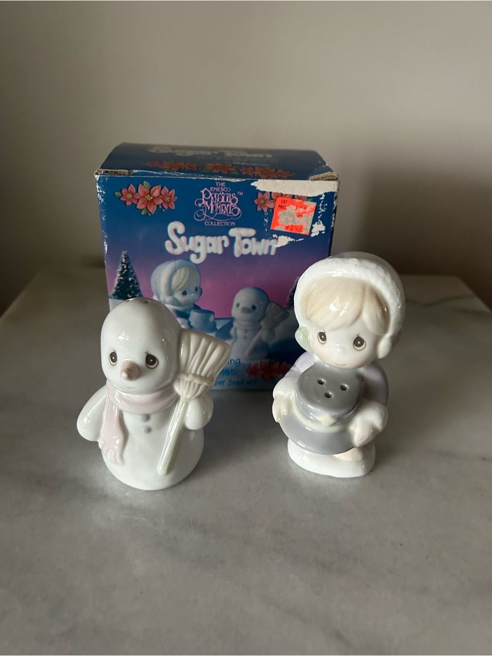 Precious Moments White and Pink Snowman & Girl Figurine Salt & Pepper Set